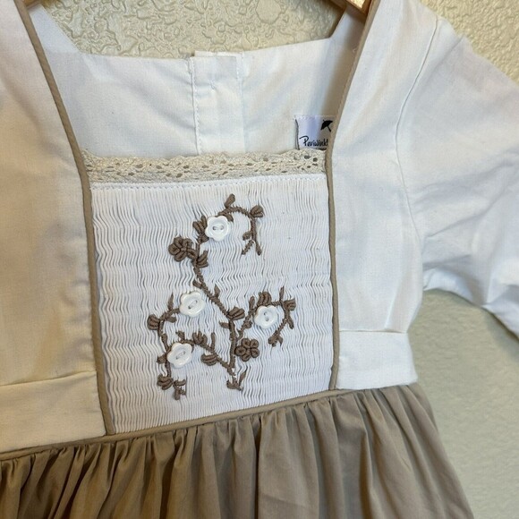 Periwinkle Parasol White Brown Long Sleeve Dress 4T Smocking Lace Tie Back - Picture 2 of 7